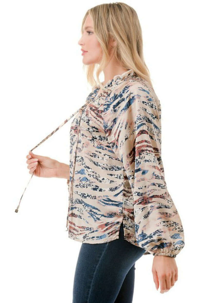 Made in USA Colorful Ruffled Neck Textured Satin Zebra Print Dressy Top with Tie Front V-Neck and  Long Puff Sleeves | Classy Cozy Cool Women's Made in USA Boutique