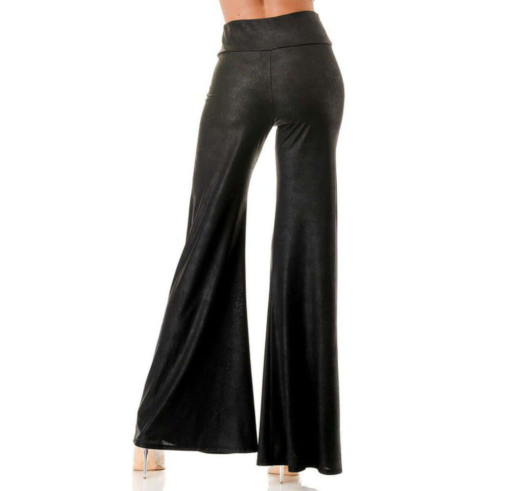 USA Made Women's Faux Leather Flair Pants High Waist Stretch Material Fit & Flare Look Pull on Style in Black | Classy Cozy Cool Women's Made in America Boutique
