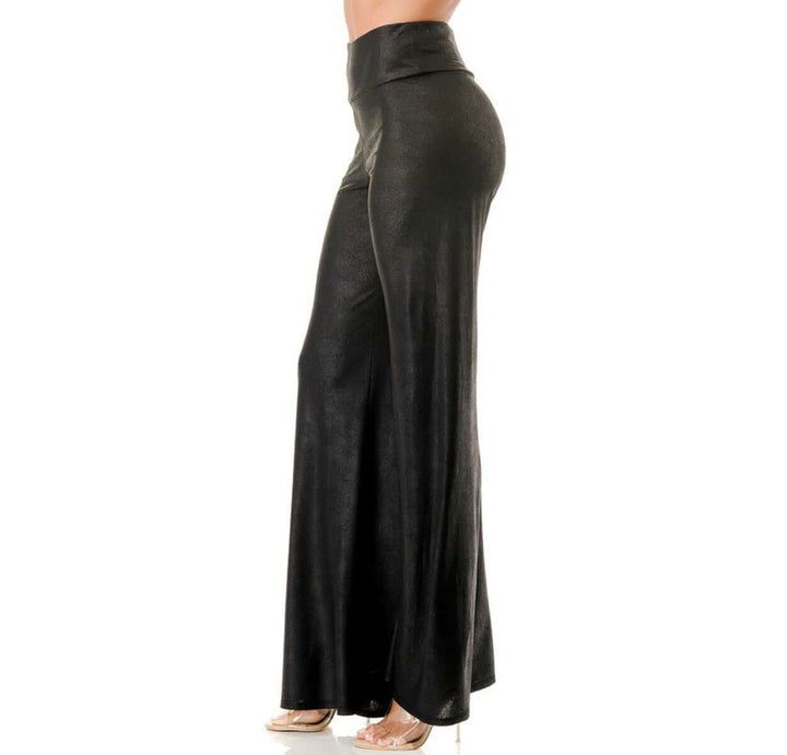 USA Made Women's Faux Leather Flair Pants High Waist Stretch Material Fit & Flare Look Pull on Style in Black | Classy Cozy Cool Women's Made in America Boutique