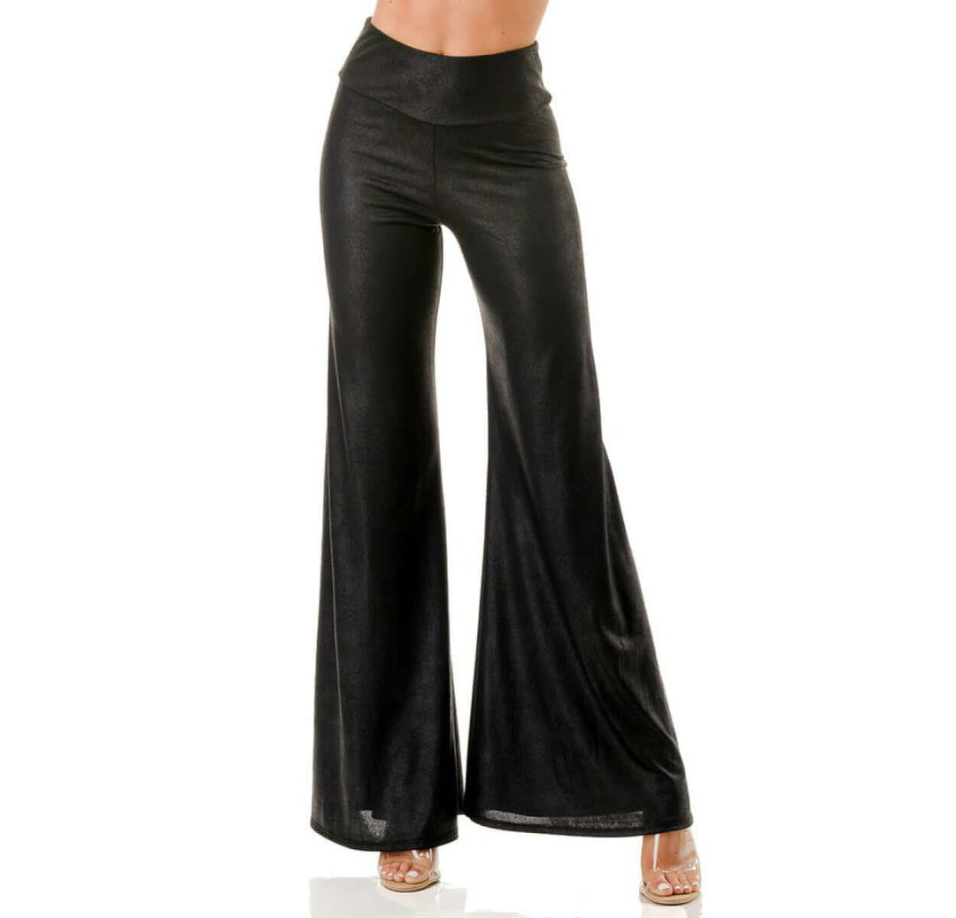 USA Made Women's Faux Leather Flair Pants High Waist Stretch Material Fit & Flare Look Pull on Style in Black | Classy Cozy Cool Women's Made in America Boutique