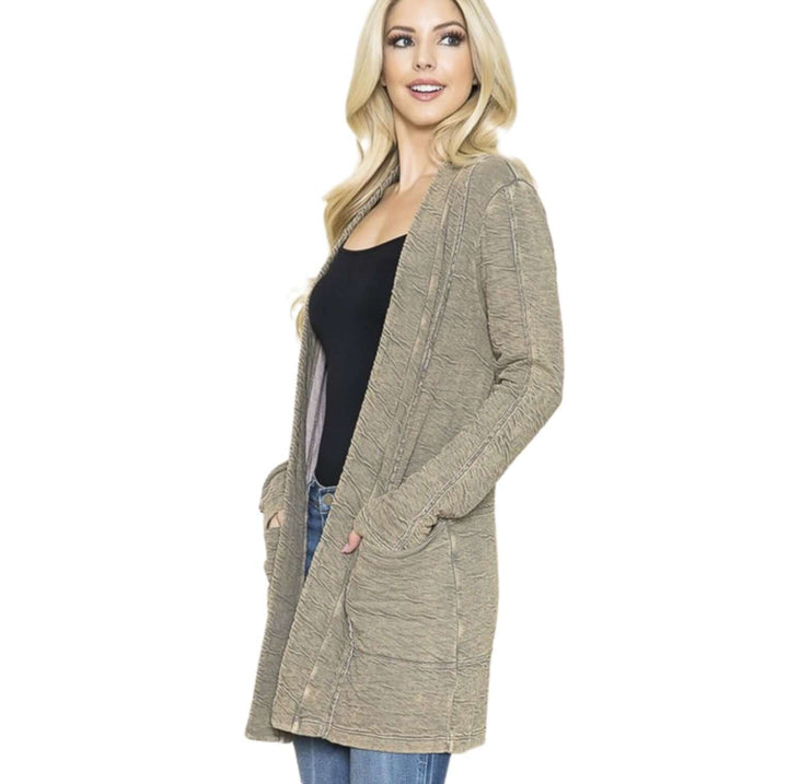 USA Made Women's Garment Dyed Vintage Washed Open Front Textured Cardigan in Taupe | American Able Style# 418108 | Classy Cozy Cool Made in America Clothing Boutique