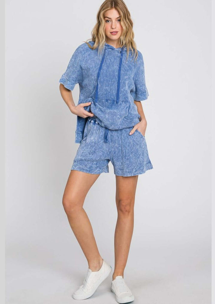 USA Made Ladies Premium Mineral Washed Thermal Ribbed Shorts with Elastic & Drawstring Waist in Denim Blue | Classy Cozy Cool Women's Made in America Clothing Boutique