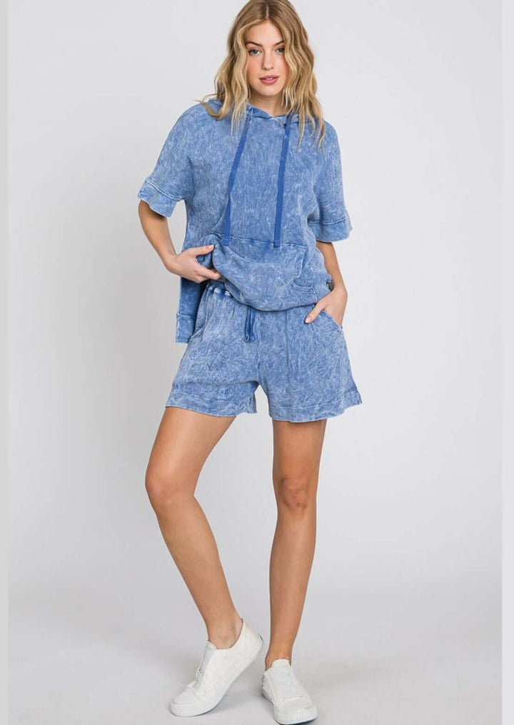 Ladies Cotton Thermal Mineral Washed Ribbed Textured Short Sleeve Hoodie with Kangaroo Pocket in Washed Denim Blue | Made in USA | Classy Cozy Cool Women's Made in America Boutique