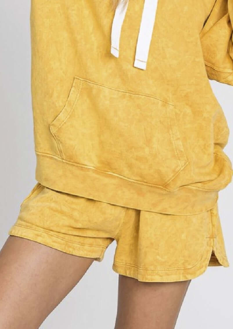 USA Made Ladies Premium Mineral Washed French Terry Shorts with Elastic & Drawstring Waist in Apricot | Classy Cozy Cool Women's Made in America Clothing Boutique