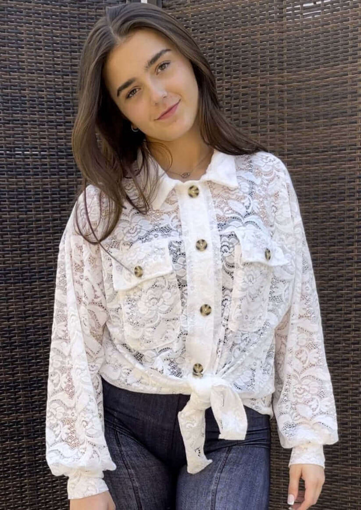 Ladies Oversized Off White Button Down Long Length Floral Lace Tunic Shirt | Made in USA | Classy Cozy Cool Women's Made in America Boutique