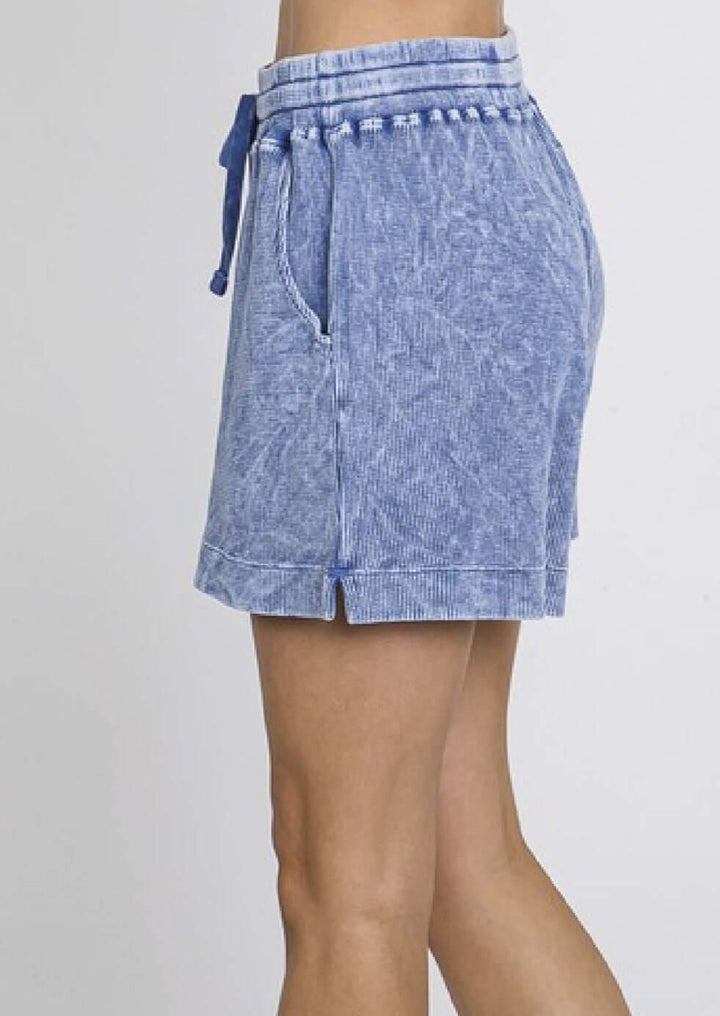 USA Made Ladies Premium Mineral Washed Thermal Ribbed Shorts with Elastic & Drawstring Waist in Denim Blue | Classy Cozy Cool Women's Made in America Clothing Boutique