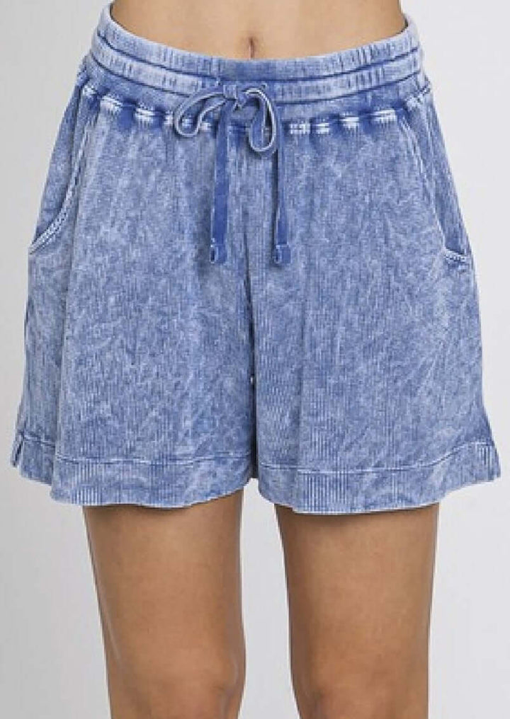 USA Made Ladies Premium Mineral Washed Thermal Ribbed Shorts with Elastic & Drawstring Waist in Denim Blue | Classy Cozy Cool Women's Made in America Clothing Boutique