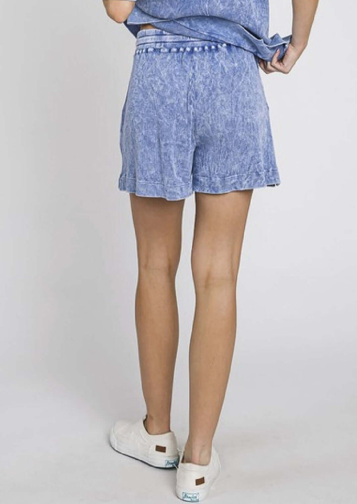 USA Made Ladies Premium Mineral Washed Thermal Ribbed Shorts with Elastic & Drawstring Waist in Denim Blue | Classy Cozy Cool Women's Made in America Clothing Boutique