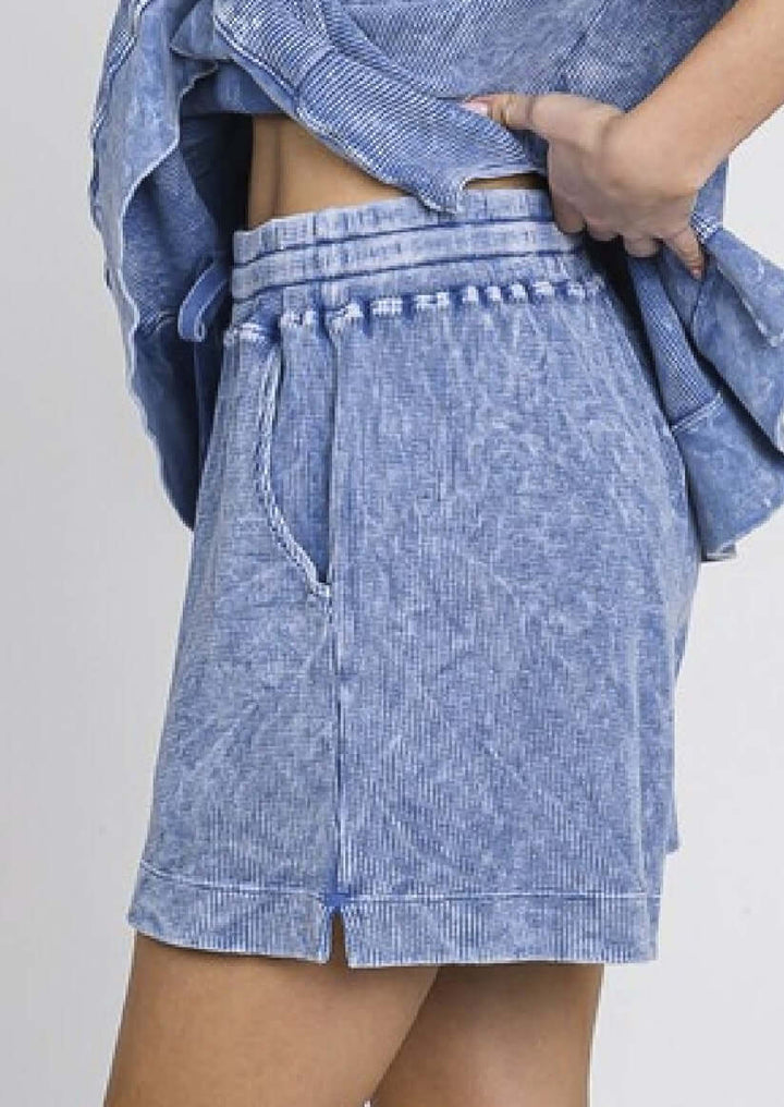 USA Made Ladies Premium Mineral Washed Thermal Ribbed Shorts with Elastic & Drawstring Waist in Denim Blue | Classy Cozy Cool Women's Made in America Clothing Boutique