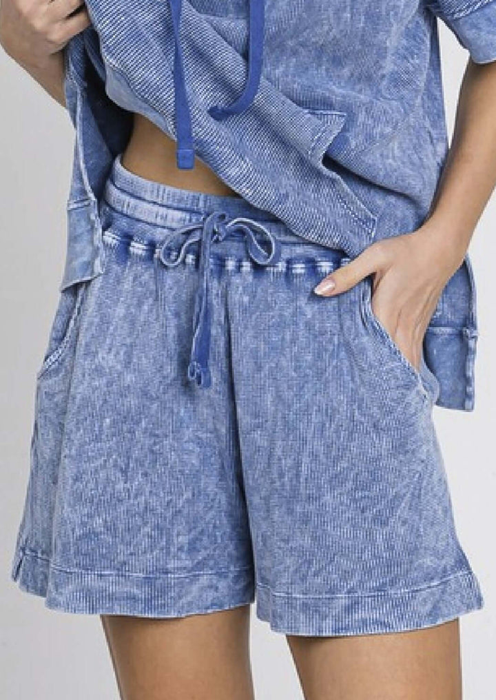 USA Made Ladies Premium Mineral Washed Thermal Ribbed Shorts with Elastic & Drawstring Waist in Denim Blue | Classy Cozy Cool Women's Made in America Clothing Boutique