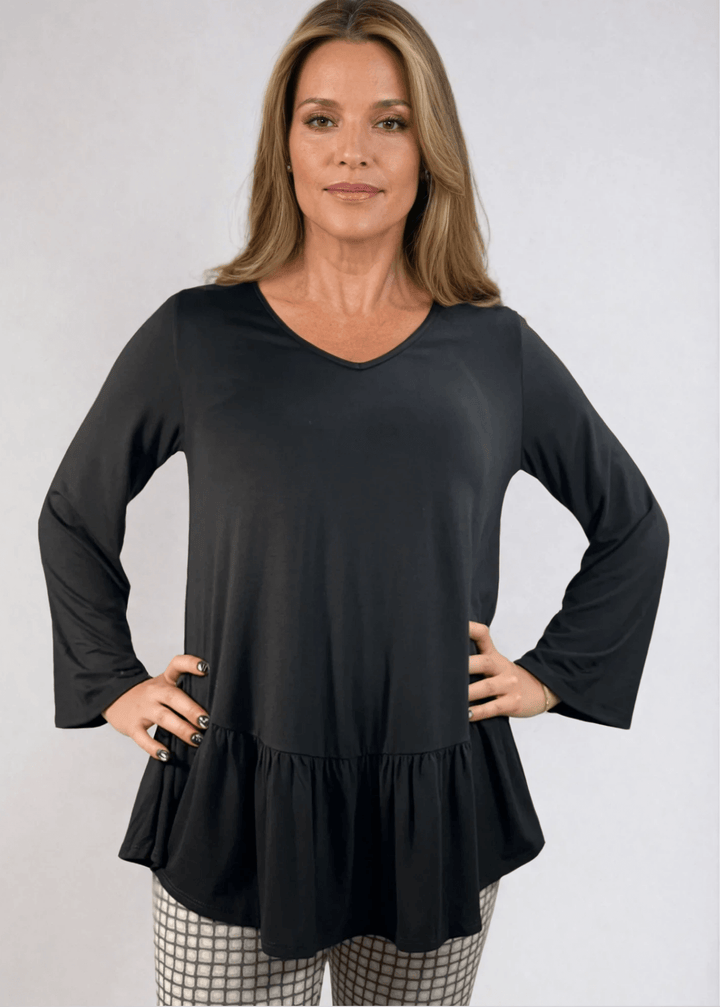 Made in USA Women's Black Flare Sleeve Tunic with Flounce Ruffle Hem, V-Neck, Lightweight and Flowy, Super Soft, 95% Rayon, 5% Spandex Machine Wash, Tumble Dry Low Style C11316 | Classy Cozy Cool Made in USA Boutique