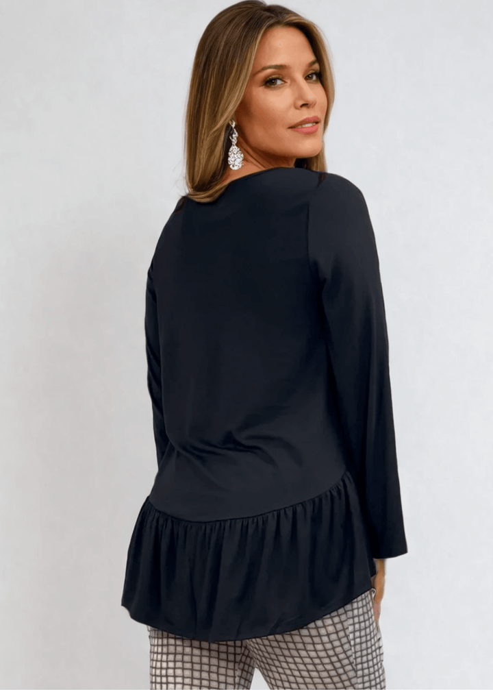 Made in USA Women's Black Flare Sleeve Tunic with Flounce Ruffle Hem, V-Neck, Lightweight and Flowy, Super Soft, 95% Rayon, 5% Spandex Machine Wash, Tumble Dry Low Style C11316 | Classy Cozy Cool Made in USA Boutique
