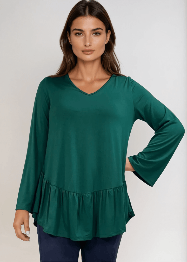 Made in USA Women's Hunter Green Flare Sleeve Tunic with Flounce Ruffle Hem, V-Neck, Lightweight and Flowy, Super Soft, 95% Rayon, 5% Spandex Machine Wash, Tumble Dry Low Style C11316 | Classy Cozy Cool Made in USA Boutique