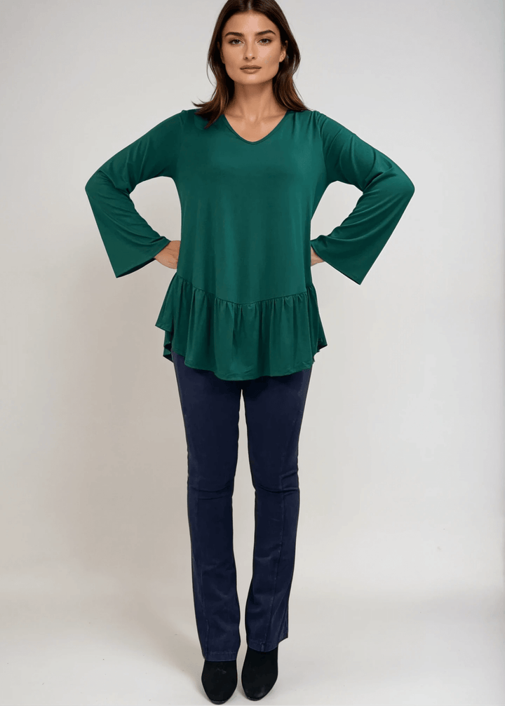 Made in USA Women's Hunter Green Flare Sleeve Tunic with Flounce Ruffle Hem, V-Neck, Lightweight and Flowy, Super Soft, 95% Rayon, 5% Spandex Machine Wash, Tumble Dry Low Style C11316 | Classy Cozy Cool Made in USA Boutique