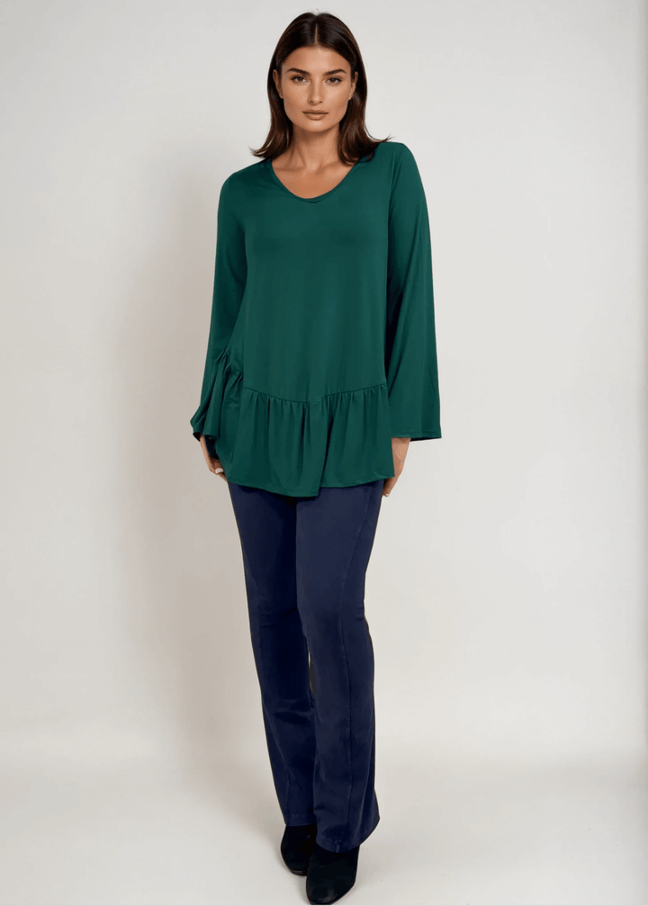 Made in USA Women's Hunter Green Flare Sleeve Tunic with Flounce Ruffle Hem, V-Neck, Lightweight and Flowy, Super Soft, 95% Rayon, 5% Spandex Machine Wash, Tumble Dry Low Style C11316 | Classy Cozy Cool Made in USA Boutique