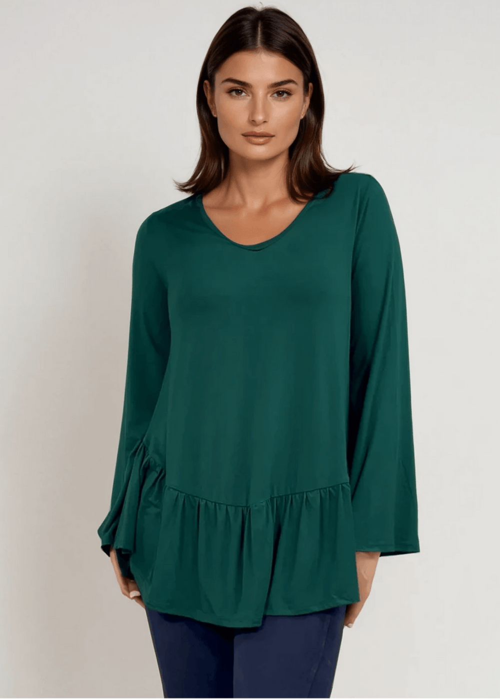 Made in USA Women's Hunter Green Flare Sleeve Tunic with Flounce Ruffle Hem, V-Neck, Lightweight and Flowy, Super Soft, 95% Rayon, 5% Spandex Machine Wash, Tumble Dry Low Style C11316 | Classy Cozy Cool Made in USA Boutique