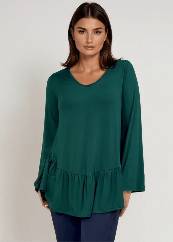 Made in USA Women's Hunter Green Flare Sleeve Tunic with Flounce Ruffle Hem, V-Neck, Lightweight and Flowy, Super Soft, 95% Rayon, 5% Spandex Machine Wash, Tumble Dry Low Style C11316 | Classy Cozy Cool Made in USA Boutique