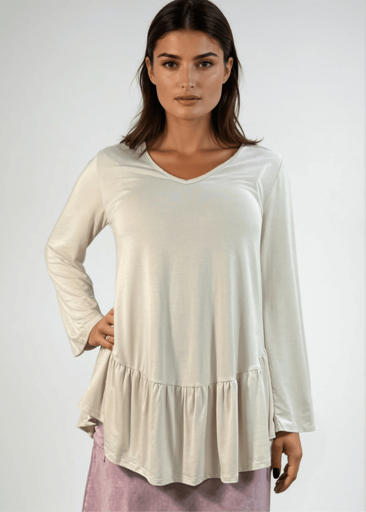 Made in USA Women's Cream Flare Sleeve Tunic with Flounce Ruffle Hem, V-Neck, Lightweight and Flowy, Super Soft, 95% Rayon, 5% Spandex Machine Wash, Tumble Dry Low Style C11316 | Classy Cozy Cool Made in USA Boutique