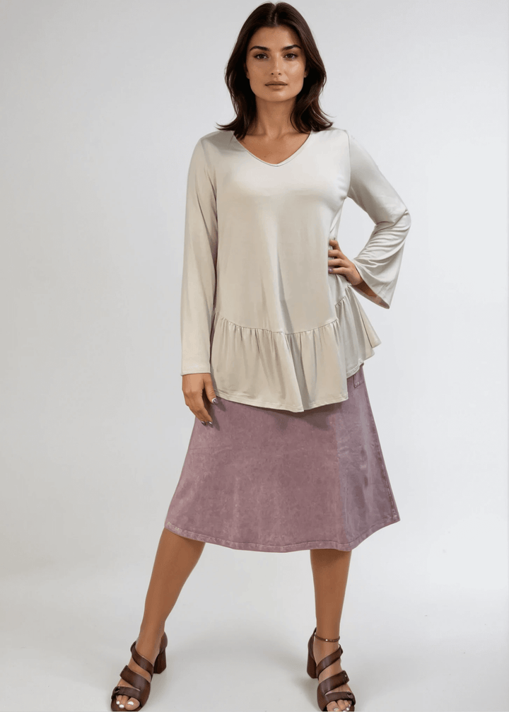 Made in USA Women's Cream Flare Sleeve Tunic with Flounce Ruffle Hem, V-Neck, Lightweight and Flowy, Super Soft, 95% Rayon, 5% Spandex Machine Wash, Tumble Dry Low Style C11316 | Classy Cozy Cool Made in USA Boutique