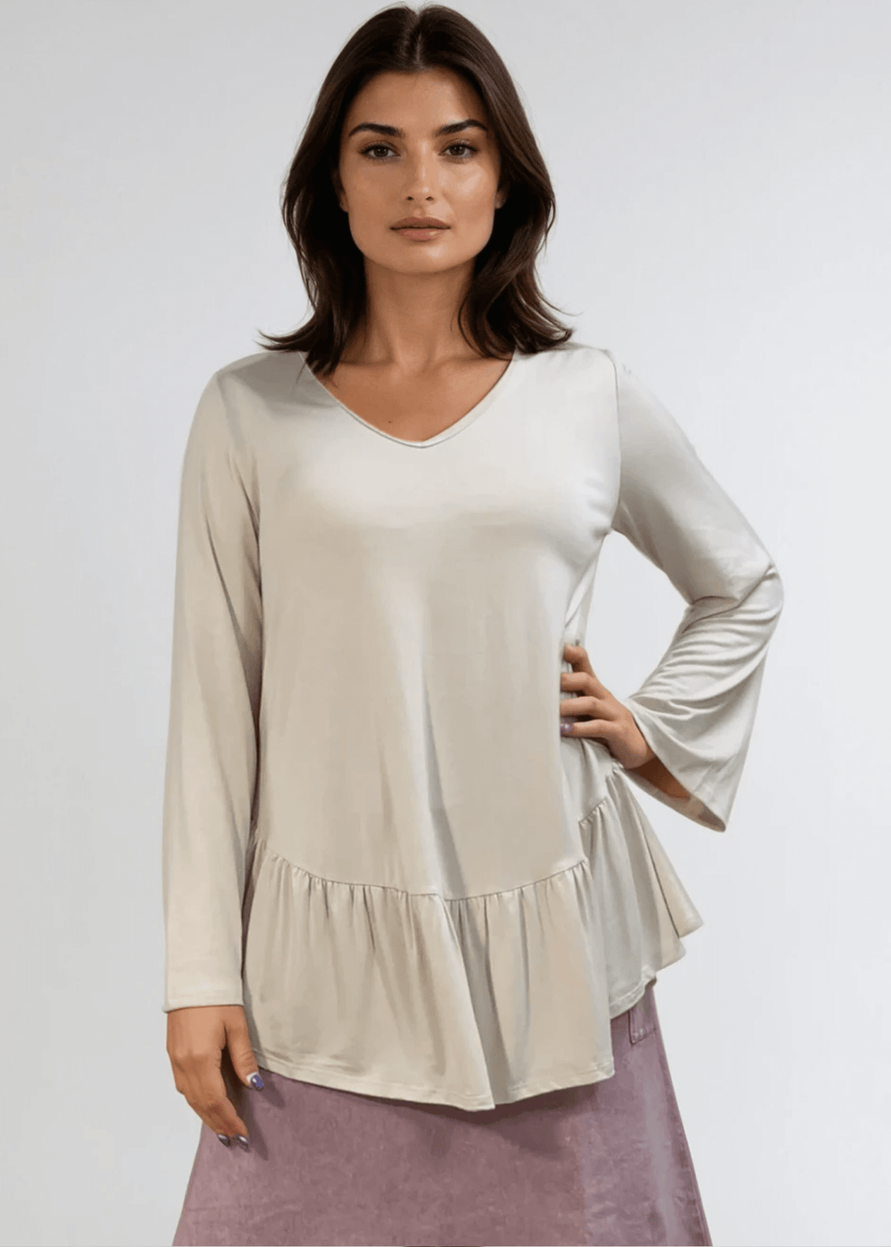 Made in USA Women's Cream Flare Sleeve Tunic with Flounce Ruffle Hem, V-Neck, Lightweight and Flowy, Super Soft, 95% Rayon, 5% Spandex Machine Wash, Tumble Dry Low Style C11316 | Classy Cozy Cool Made in USA Boutique