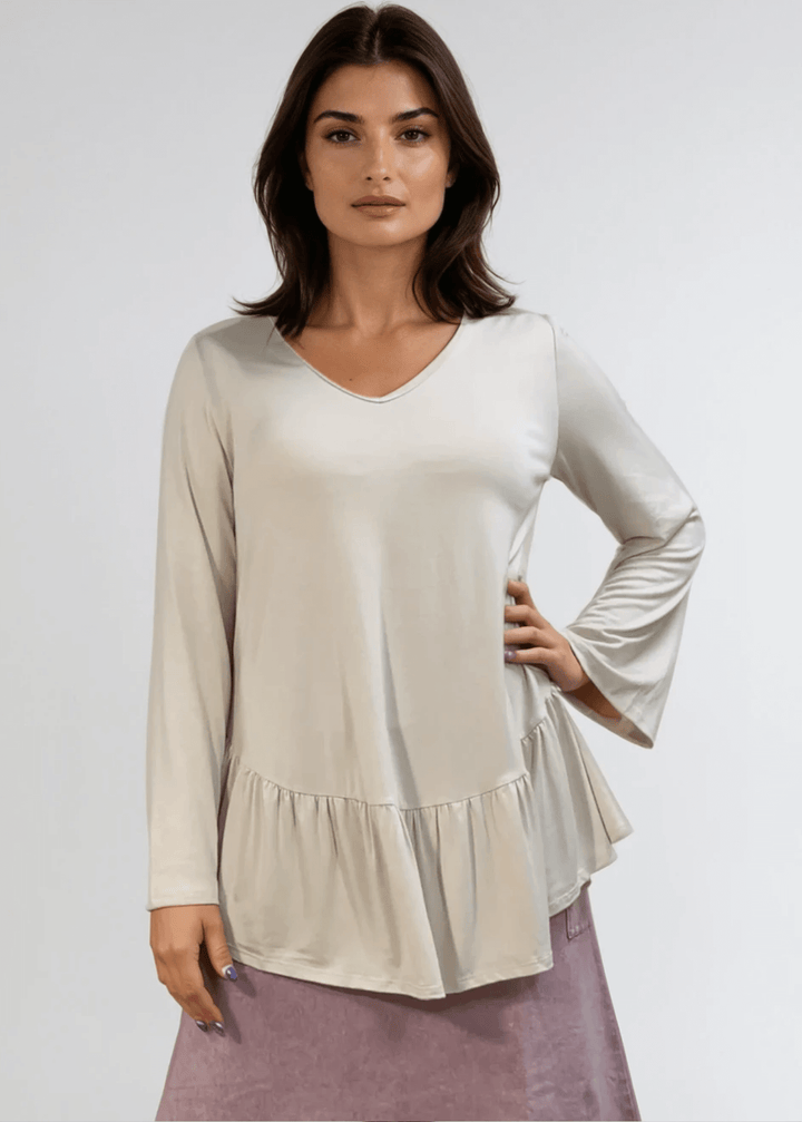 Made in USA Women's Cream Flare Sleeve Tunic with Flounce Ruffle Hem, V-Neck, Lightweight and Flowy, Super Soft, 95% Rayon, 5% Spandex Machine Wash, Tumble Dry Low Style C11316 | Classy Cozy Cool Made in USA Boutique