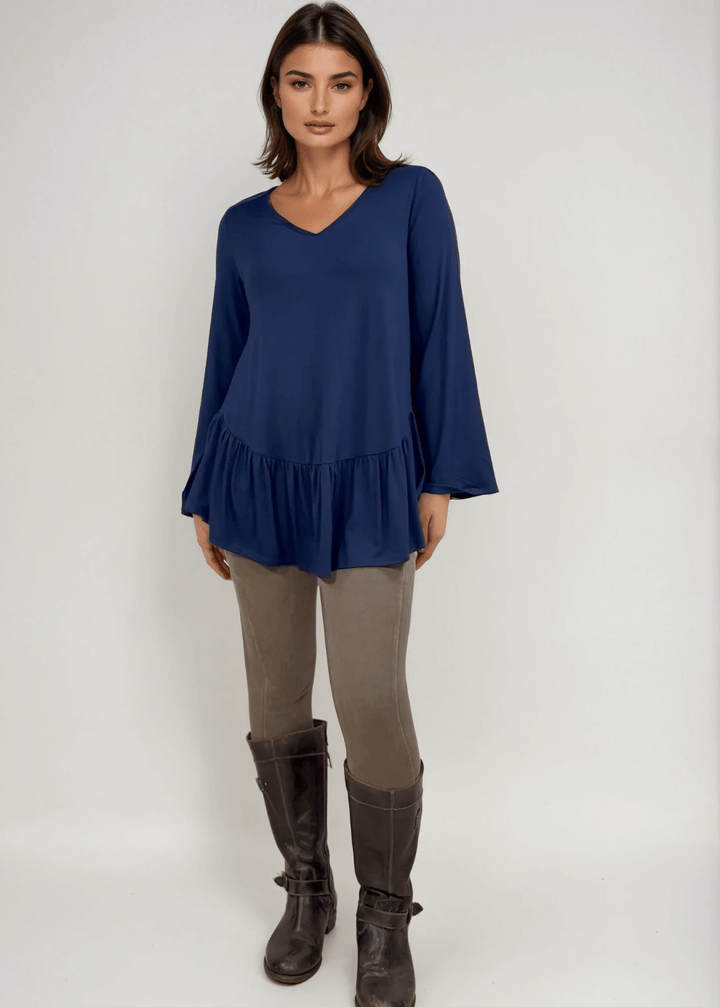 Made in USA Women's Navy Blue Flare Sleeve Tunic with Flounce Ruffle Hem, V-Neck, Lightweight and Flowy, Super Soft, 95% Rayon, 5% Spandex Machine Wash, Tumble Dry Low Style C11316 | Classy Cozy Cool Made in USA Boutique