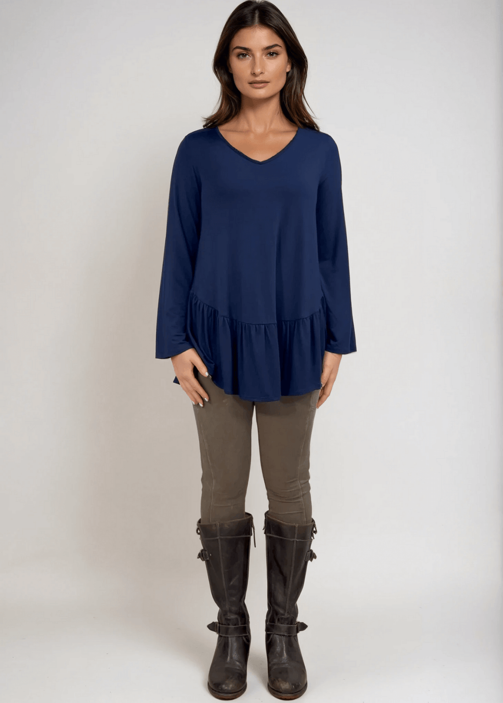 Made in USA Women's Navy Blue Flare Sleeve Tunic with Flounce Ruffle Hem, V-Neck, Lightweight and Flowy, Super Soft, 95% Rayon, 5% Spandex Machine Wash, Tumble Dry Low Style C11316 | Classy Cozy Cool Made in USA Boutique