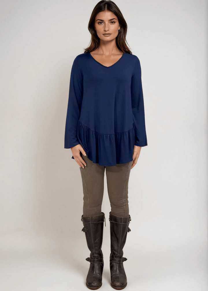 Made in USA Women's Navy Blue Flare Sleeve Tunic with Flounce Ruffle Hem, V-Neck, Lightweight and Flowy, Super Soft, 95% Rayon, 5% Spandex Machine Wash, Tumble Dry Low Style C11316 | Classy Cozy Cool Made in USA Boutique