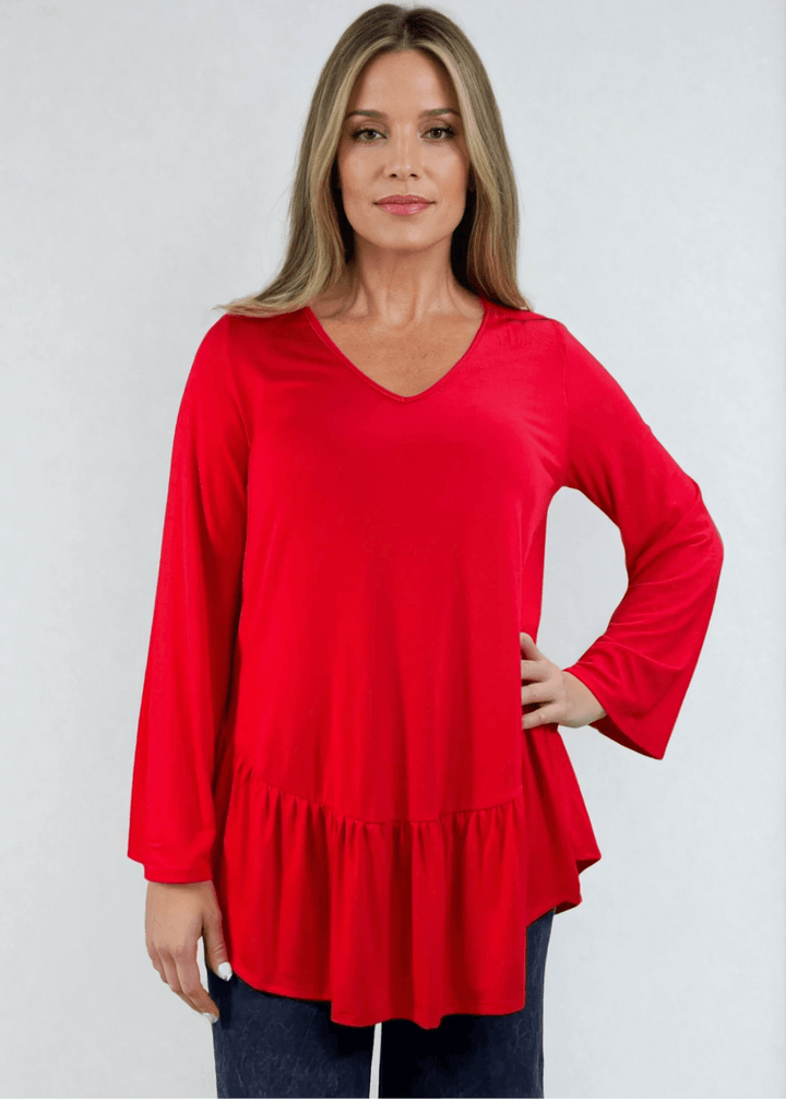 Made in USA Women's Red Flare Sleeve Tunic with Flounce Ruffle Hem, V-Neck, Lightweight and Flowy, Super Soft, 95% Rayon, 5% Spandex Machine Wash, Tumble Dry Low Style C11316 | Classy Cozy Cool Made in USA Boutique