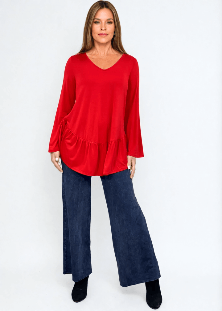 Made in USA Women's Red Flare Sleeve Tunic with Flounce Ruffle Hem, V-Neck, Lightweight and Flowy, Super Soft, 95% Rayon, 5% Spandex Machine Wash, Tumble Dry Low Style C11316 | Classy Cozy Cool Made in USA Boutique