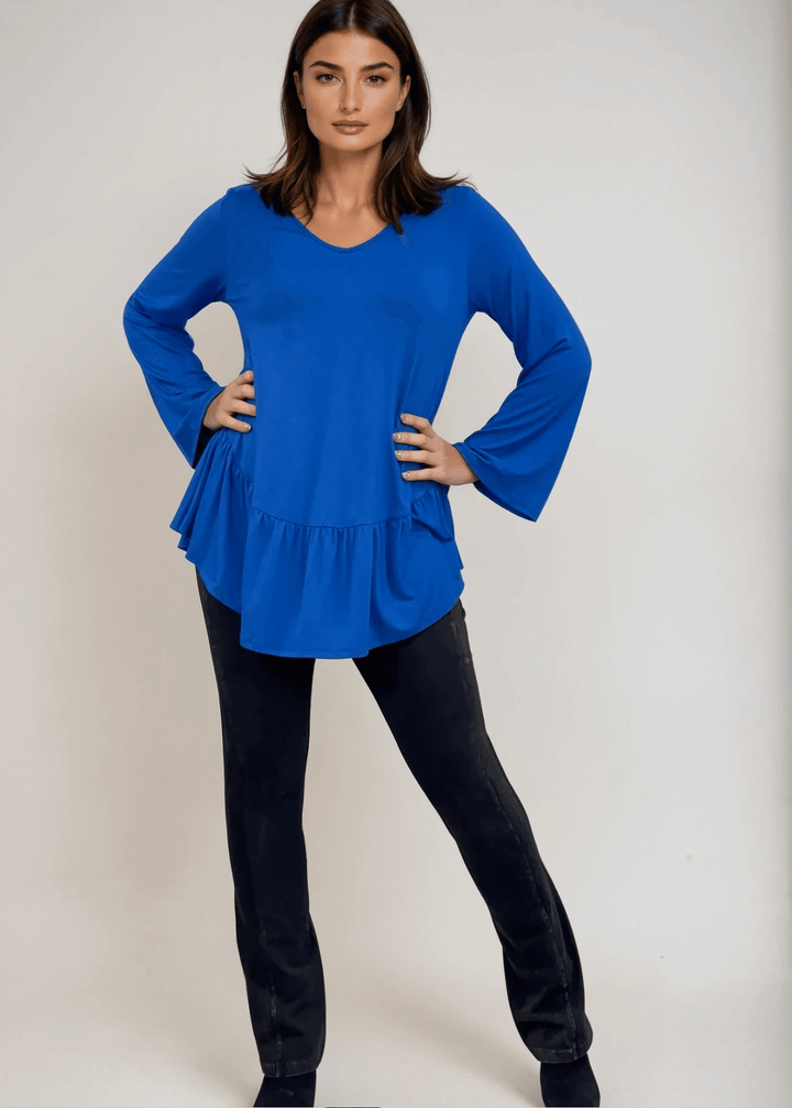 Made in USA Women's Royal Blue Flare Sleeve Tunic with Flounce Ruffle Hem, V-Neck, Lightweight and Flowy, Super Soft, 95% Rayon, 5% Spandex Machine Wash, Tumble Dry Low Style C11316 | Classy Cozy Cool Made in USA Boutique