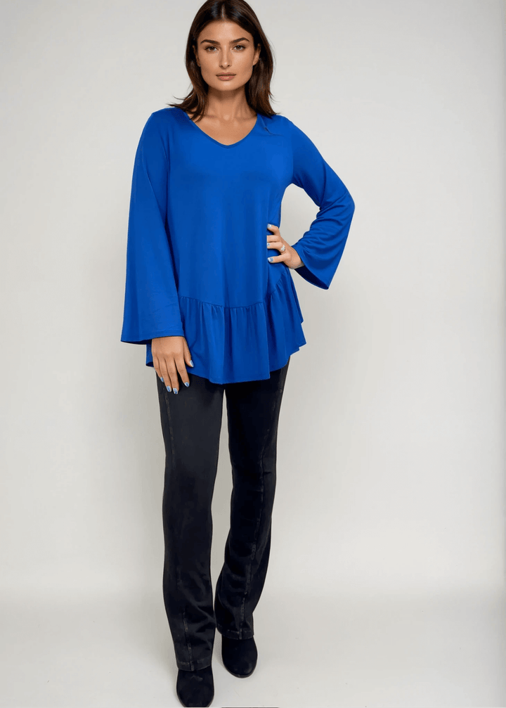 Made in USA Women's Royal Blue Flare Sleeve Tunic with Flounce Ruffle Hem, V-Neck, Lightweight and Flowy, Super Soft, 95% Rayon, 5% Spandex Machine Wash, Tumble Dry Low Style C11316 | Classy Cozy Cool Made in USA Boutique