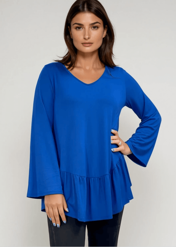 Made in USA Women's Royal Blue Flare Sleeve Tunic with Flounce Ruffle Hem, V-Neck, Lightweight and Flowy, Super Soft, 95% Rayon, 5% Spandex Machine Wash, Tumble Dry Low Style C11316 | Classy Cozy Cool Made in USA Boutique