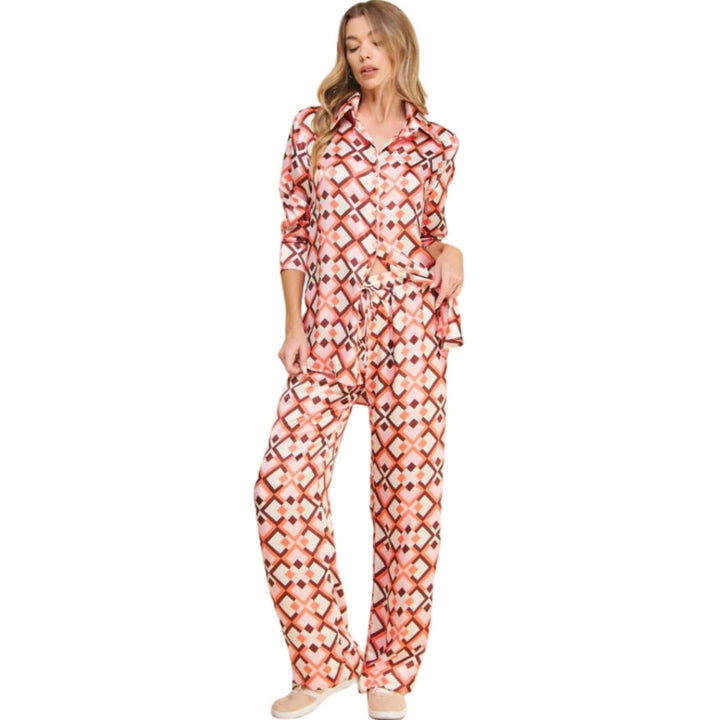 USA Made Ladies Pink Retro Pattern Satin Pants by If She Loves Style # ISP1235A | High Rise with Elastic Waist | Classy Cozy Cool Women's Made in America Clothing Boutique