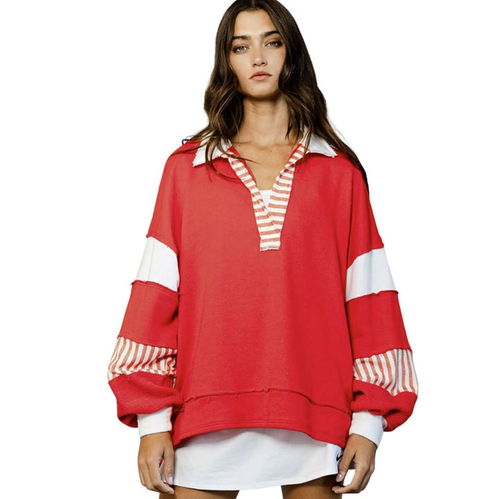 Made in USA | Brand: Bucket List Clothing Style# T2004 | Oversized Ladies French Terry Color Block Sweatshirt with Collar in Red | Made in USA