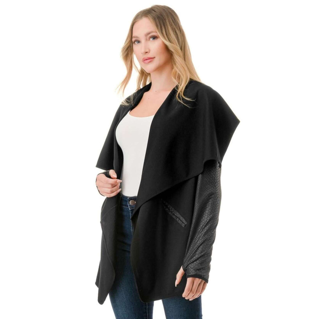 Made in USA Trendy Unique Women's Black Open Front Jacket with Faux Leather Sleeves, Thumbholes, Snap Lapel Closure and Side Pockets | Classy Cozy Cool Women's Made in America Clothing Boutique