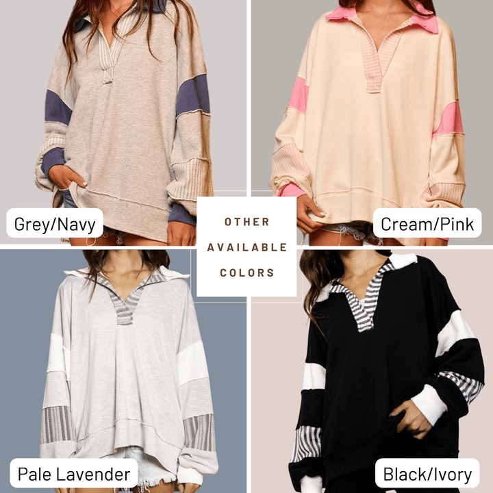 Brand: Bucket List Style# T2004 | Oversized Ladies French Terry Color Block Sweatshirt with Collar Color Options | Made in USA