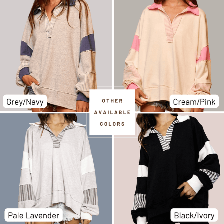 Brand: Bucket List Style# T2004 | Oversized Ladies French Terry Color Block Sweatshirt with Collar Color Options | Made in USA