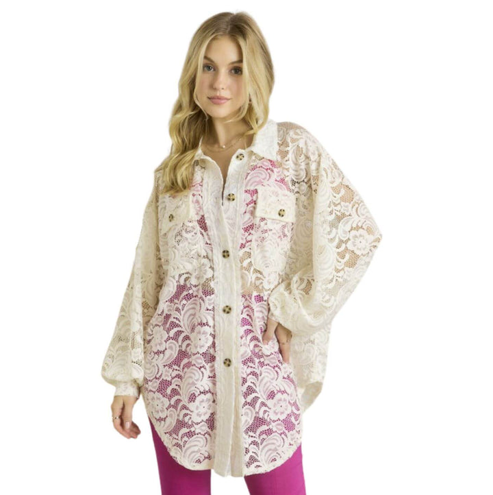 Ladies Oversized Off White Button Down Long Length Floral Lace Tunic Shirt | Made in USA | Classy Cozy Cool Women's Made in America Boutique