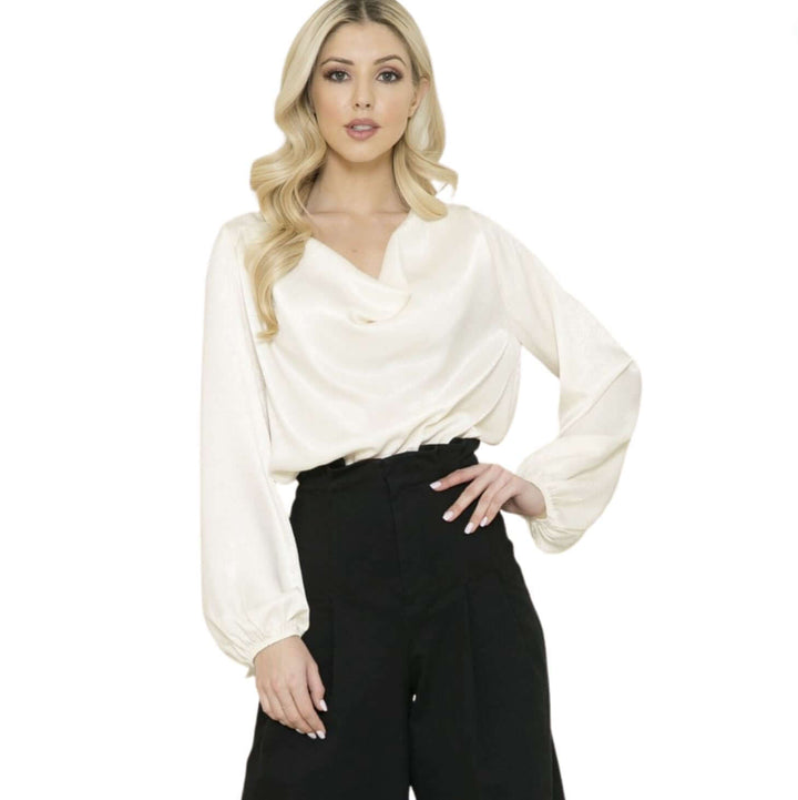 Made in USA Women's Relaxed Fit Beautiful Satin Cowl Neck Top in Off White | Classy Cozy Cool Women's Made in America Clothing Boutique