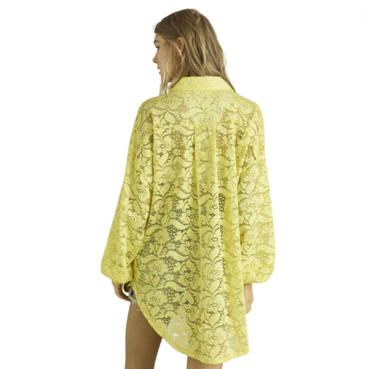 Ladies Oversized Sheer Sunny Yellow Button Down Long Length Floral Lace Tunic Shirt | Made in USA | Classy Cozy Cool Women's Made in America Boutique