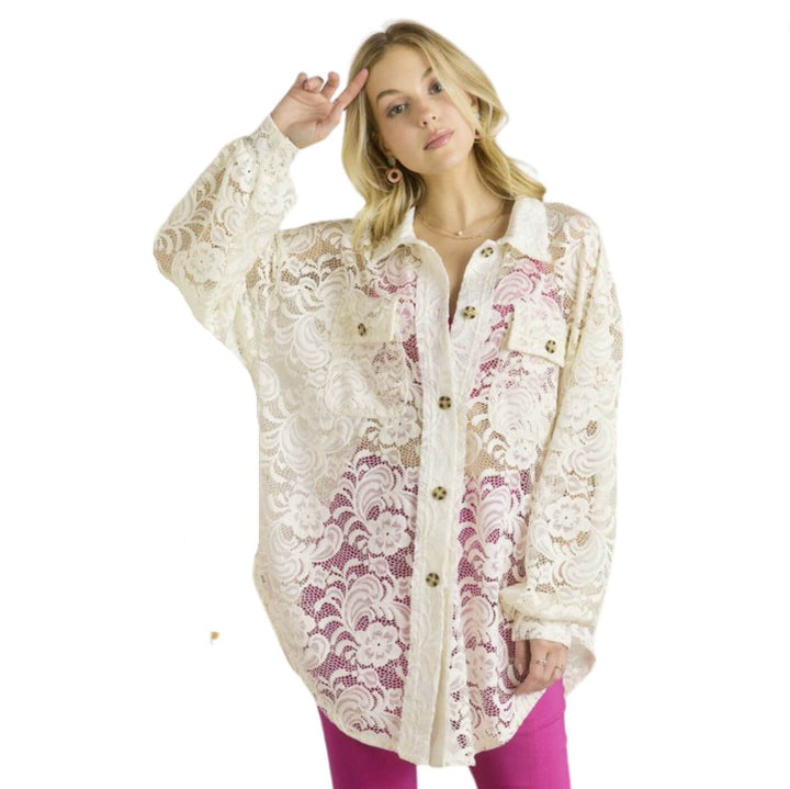 Ladies Oversized Off White Button Down Long Length Floral Lace Tunic Shirt | Made in USA | Classy Cozy Cool Women's Made in America Boutique