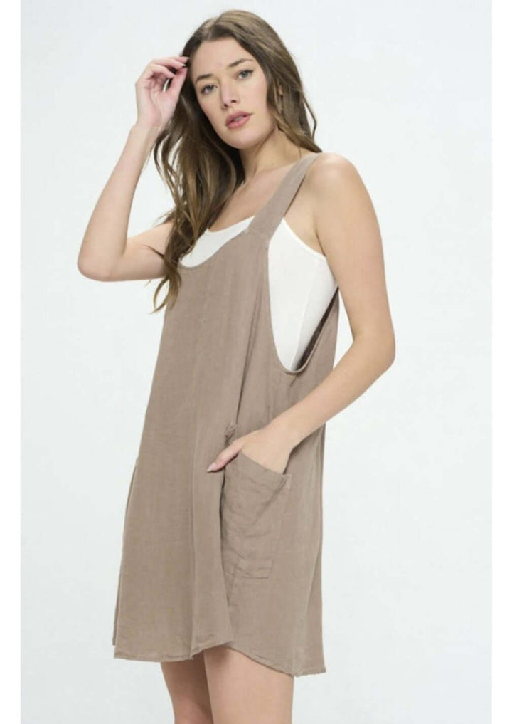100% Linen Romper Style Tan Mini Dress with Side Pockets | Proudly Made in USA | Classy Cozy Cool Women's Made in America Boutique
