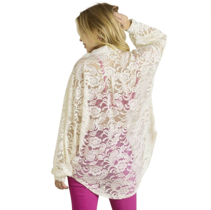 Ladies Oversized Off White Button Down Long Length Floral Lace Tunic Shirt | Made in USA | Classy Cozy Cool Women's Made in America Boutique