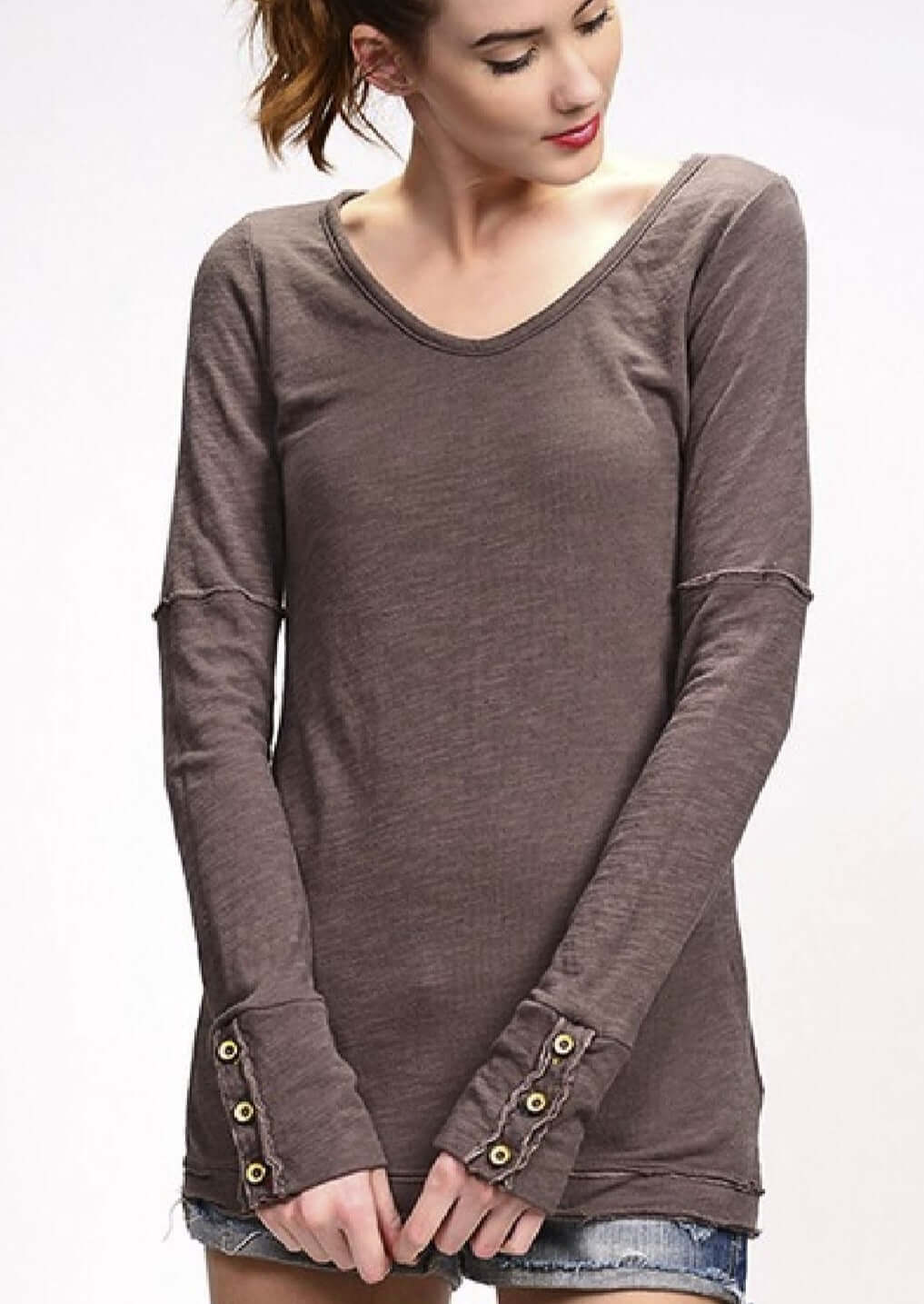 USA Made Women's Fitted Double Layer Cotton Raw Edge Long Sleeve Top With Wooden Button Cuffs in Mocha | Classy Cozy Cool Women's Made in America Clothing Boutique