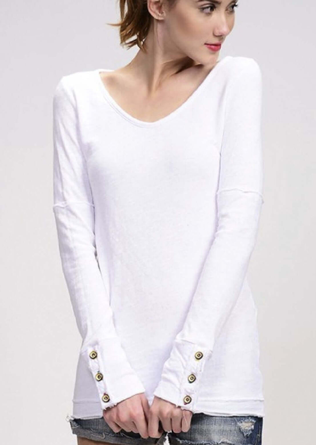 USA Made Women's Fitted Double Layer Cotton Raw Edge Long Sleeve Top With Wooden Button Cuffs in White | Classy Cozy Cool Women's Made in America Clothing Boutique
