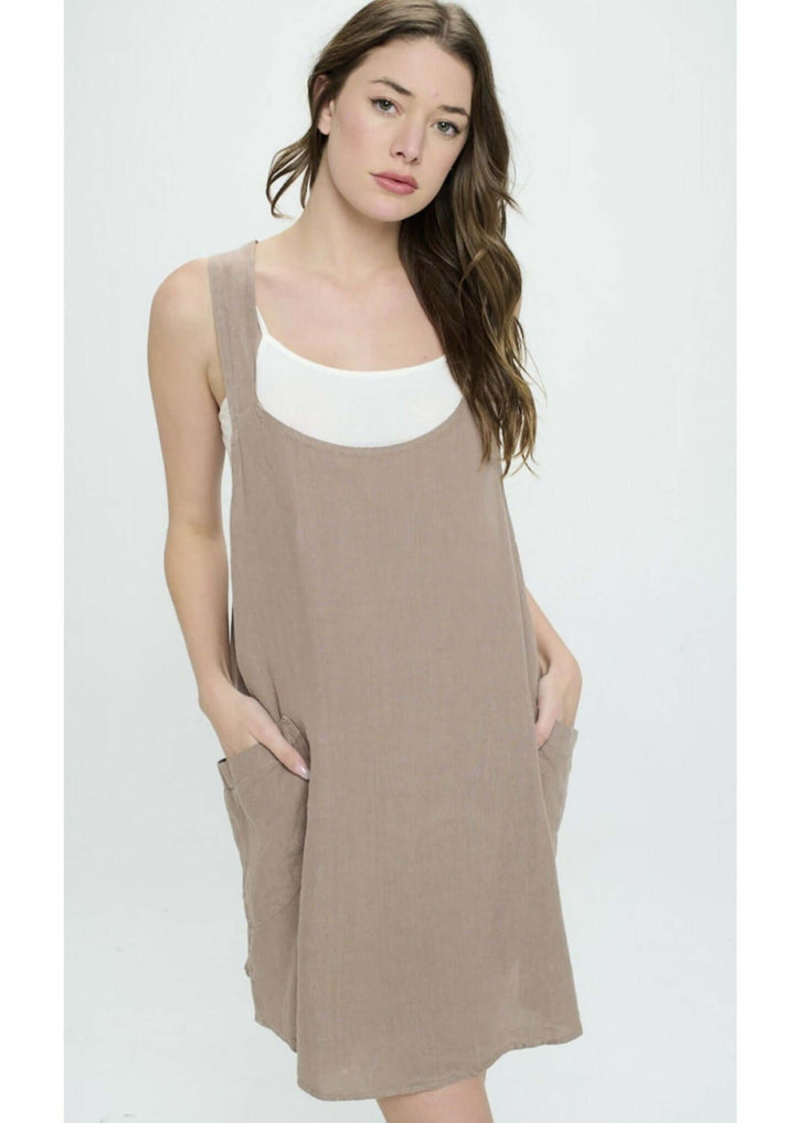 100% Linen Romper Style Tan Mini Dress with Side Pockets | Proudly Made in USA | Classy Cozy Cool Women's Made in America Boutique