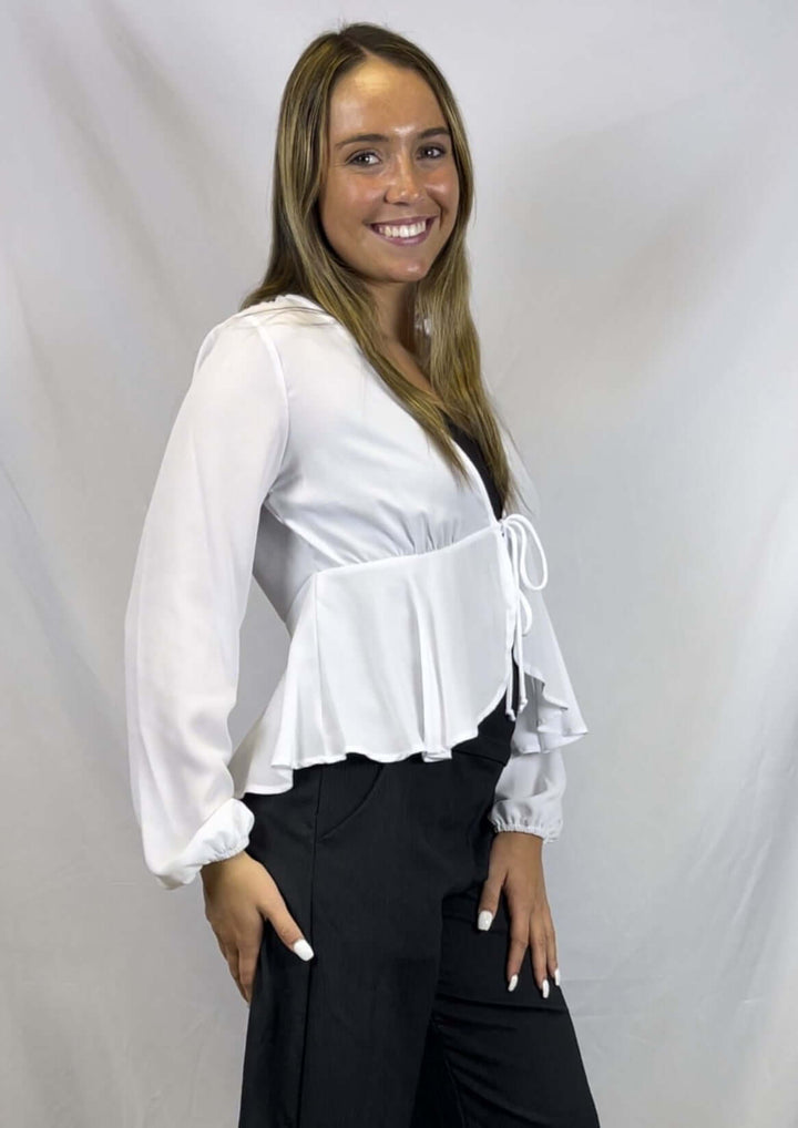 Ladies Bright White Tie Front Dressy Peplum Cardigan with Bubble Sleeves | Made in USA | Classy Cozy Cool Women's Made in America Boutique