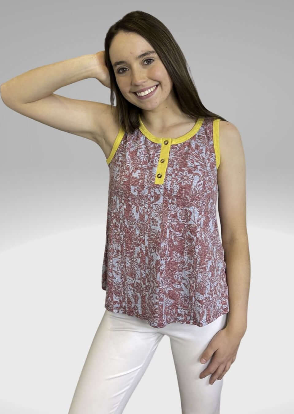 Floral Print Ladies Faded Out Henley Tank Top Available in Teal & Burgundy with Mustard Collar | Made in USA | Classy Cozy Cool American Boutique