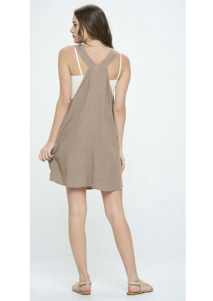 100% Linen Romper Style Tan Mini Dress with Side Pockets | Proudly Made in USA | Classy Cozy Cool Women's Made in America Boutique